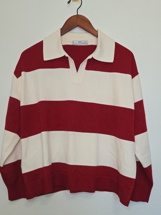 Mango Tops - Mango Red & White Striped Polo Collar Relaxed Fit Sweater Size S